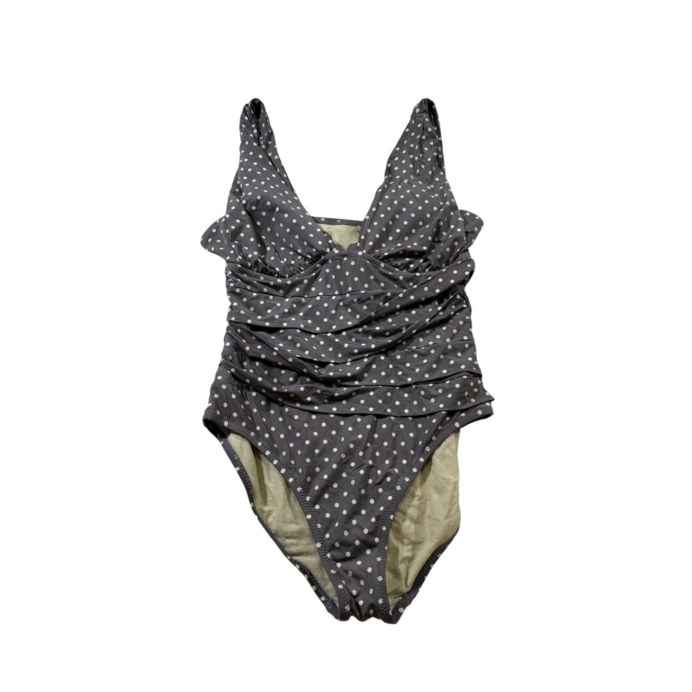 Garnet Hill One Piece Swimsuit 6 Gray Polka Dot Ruched Beach Resortwear Vacation